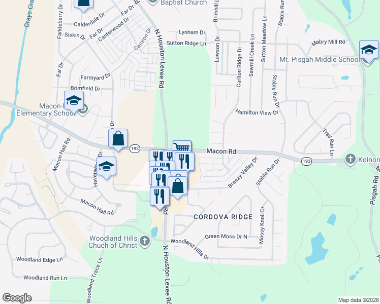 map of restaurants, bars, coffee shops, grocery stores, and more near 10131 Macon Road in Shelby County