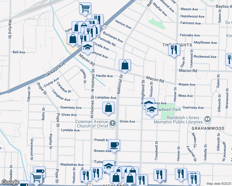 map of restaurants, bars, coffee shops, grocery stores, and more near 1019 National Street in Memphis