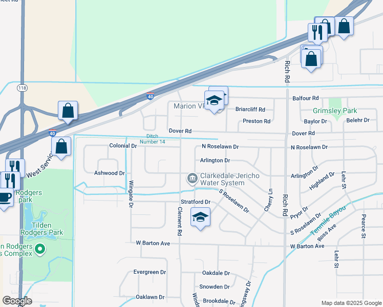 map of restaurants, bars, coffee shops, grocery stores, and more near 1204 West Roselawn Drive in West Memphis