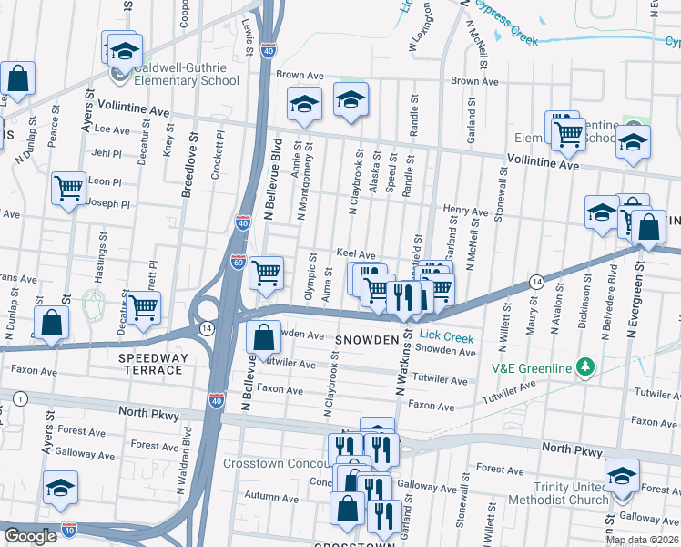 map of restaurants, bars, coffee shops, grocery stores, and more near 771 N Claybrook St in Memphis