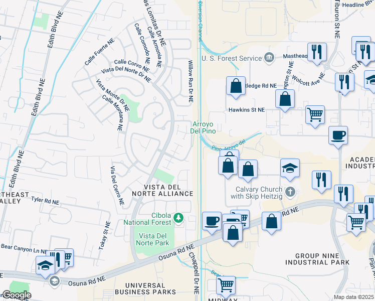 map of restaurants, bars, coffee shops, grocery stores, and more near 7201 Villa Corrales Northeast in Albuquerque