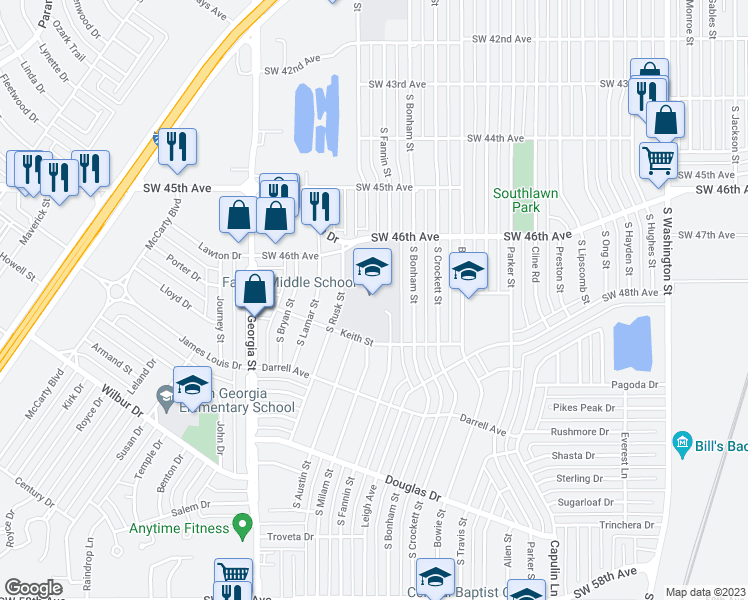 map of restaurants, bars, coffee shops, grocery stores, and more near 4627 South Rusk Street in Amarillo