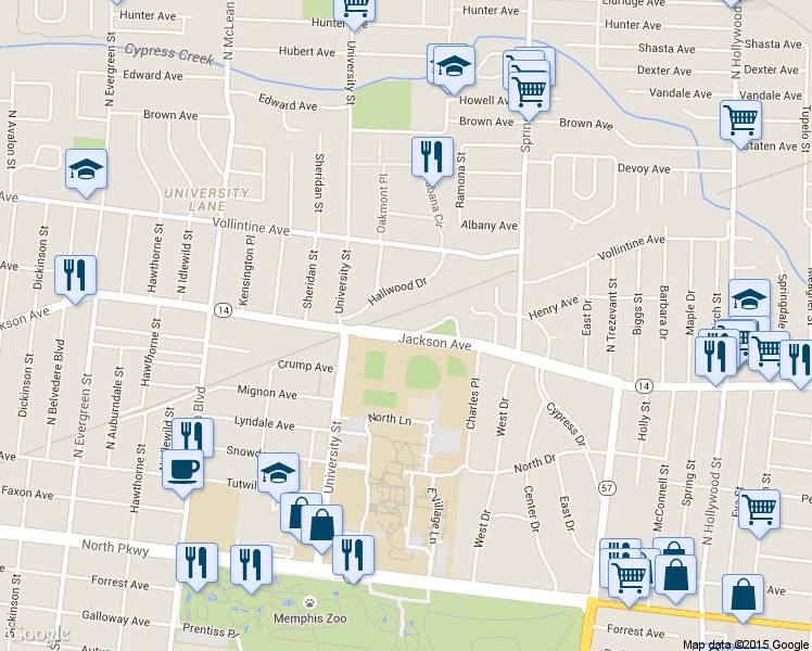 map of restaurants, bars, coffee shops, grocery stores, and more near 2080 Jackson Avenue in Memphis