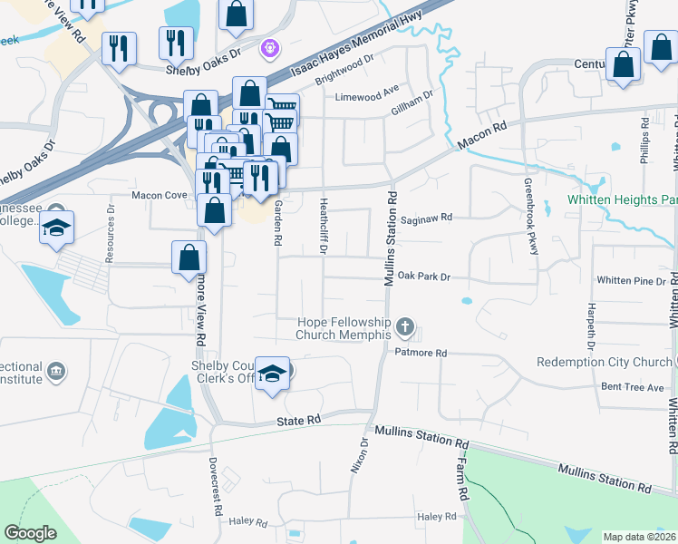 map of restaurants, bars, coffee shops, grocery stores, and more near 6306 Thornfield Drive in Memphis