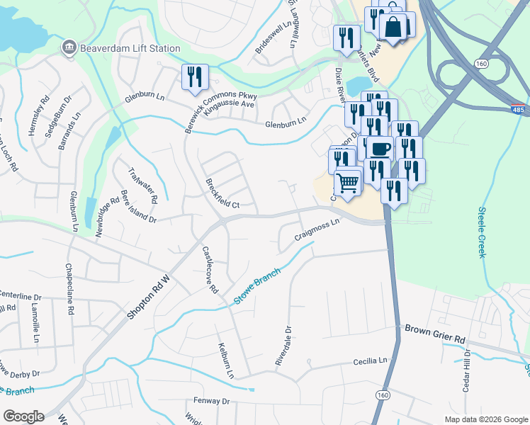 map of restaurants, bars, coffee shops, grocery stores, and more near 10004 Shopton Road West in Charlotte