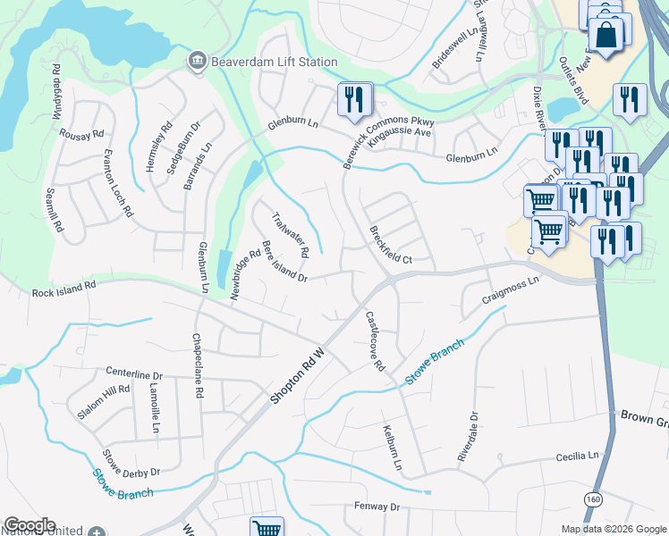 map of restaurants, bars, coffee shops, grocery stores, and more near 6303 Ballybay Drive in Charlotte