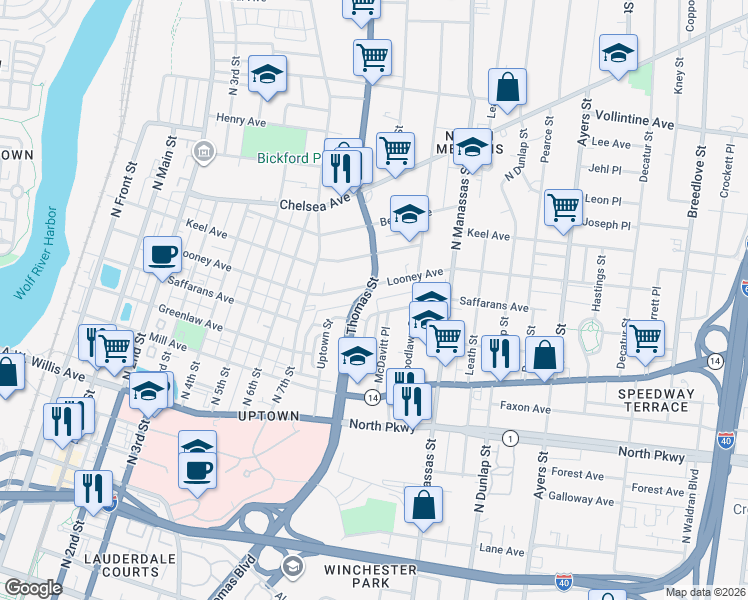 map of restaurants, bars, coffee shops, grocery stores, and more near 698 Old Thomas Street in Memphis