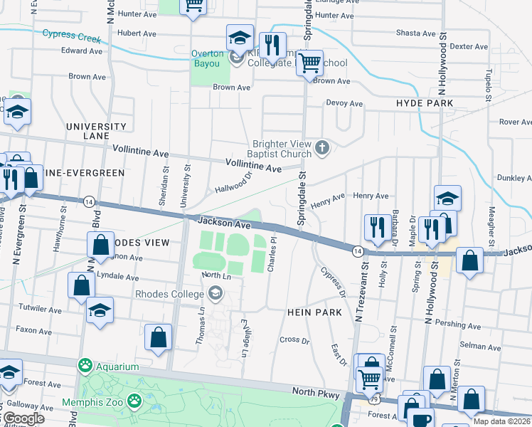 map of restaurants, bars, coffee shops, grocery stores, and more near 2134 University Circle in Memphis