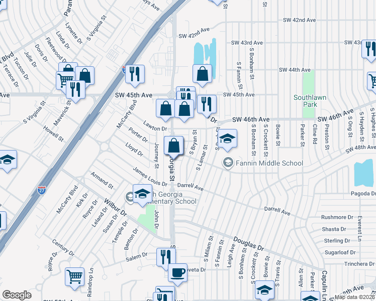 map of restaurants, bars, coffee shops, grocery stores, and more near 4614 South Bryan Street in Amarillo