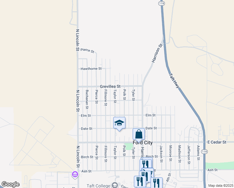 map of restaurants, bars, coffee shops, grocery stores, and more near 608 Taylor Street in Taft
