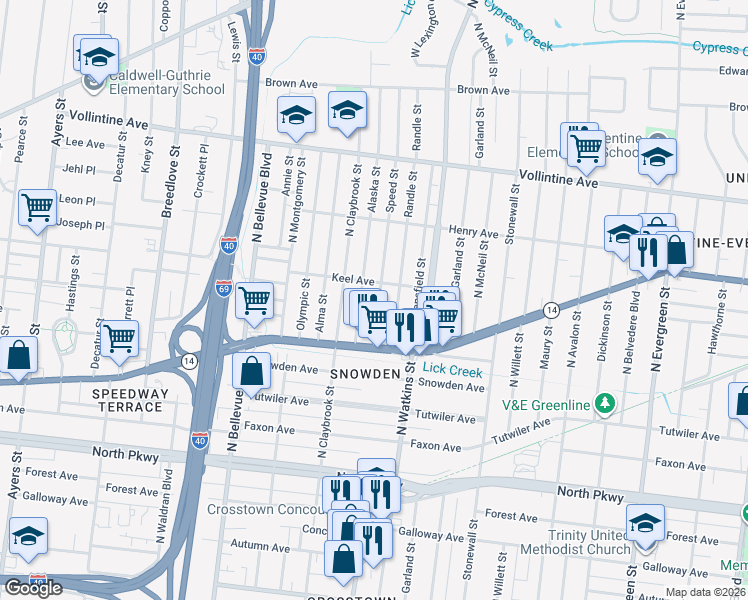 map of restaurants, bars, coffee shops, grocery stores, and more near 775 Speed Street in Memphis