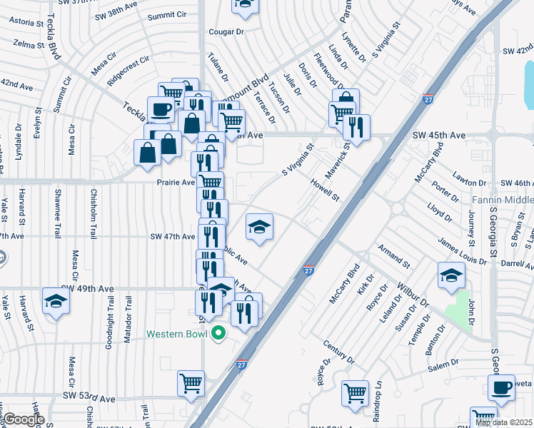 map of restaurants, bars, coffee shops, grocery stores, and more near 190 Prairie Avenue in Amarillo