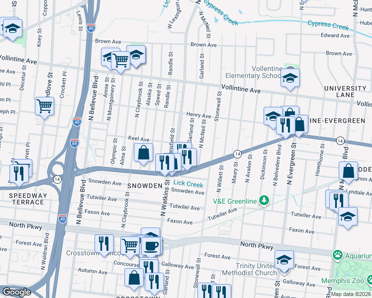 map of restaurants, bars, coffee shops, grocery stores, and more near 769 Garland Street in Memphis