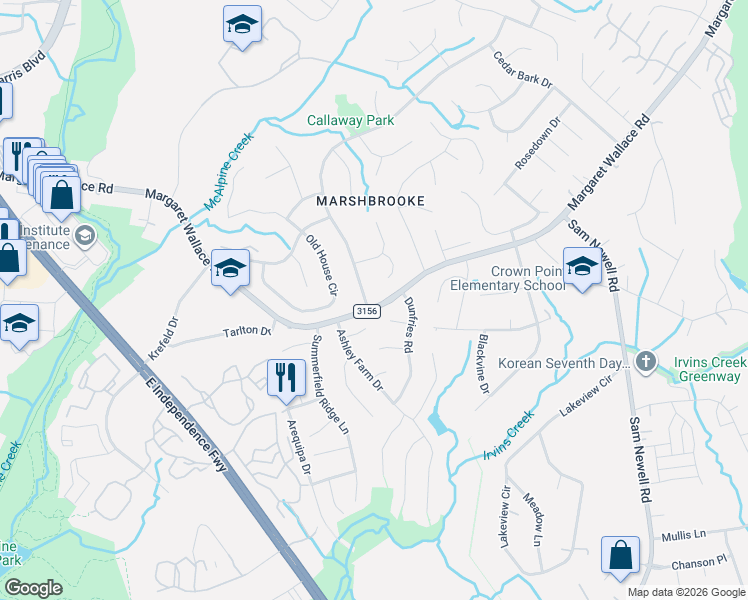 map of restaurants, bars, coffee shops, grocery stores, and more near 9739 Clifton Meadow Drive in Matthews