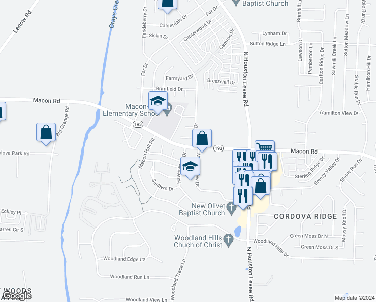 map of restaurants, bars, coffee shops, grocery stores, and more near 1272 Havenwood Drive in Shelby County