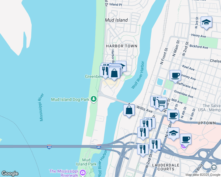 map of restaurants, bars, coffee shops, grocery stores, and more near Harbor Edge Drive in Memphis