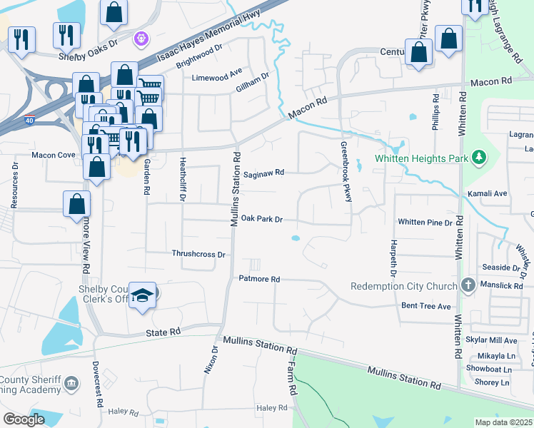 map of restaurants, bars, coffee shops, grocery stores, and more near 6438 Oak Park Drive in Memphis