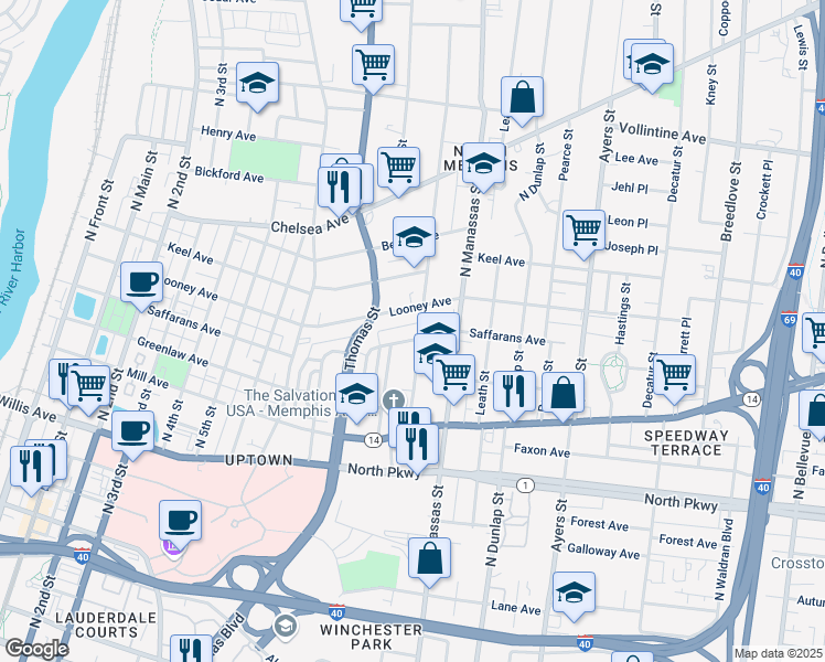 map of restaurants, bars, coffee shops, grocery stores, and more near 701 Woodlawn Street in Memphis