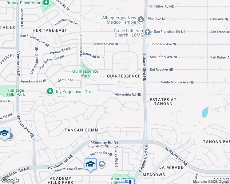 map of restaurants, bars, coffee shops, grocery stores, and more near 10128 Irbid Road Northeast in Albuquerque