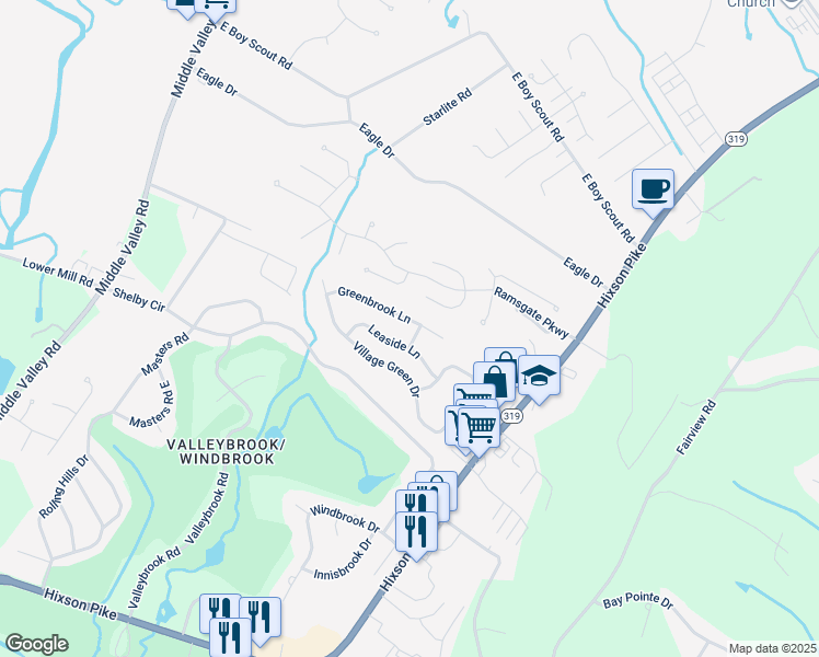map of restaurants, bars, coffee shops, grocery stores, and more near 1294 Greenbrook Lane in Chattanooga