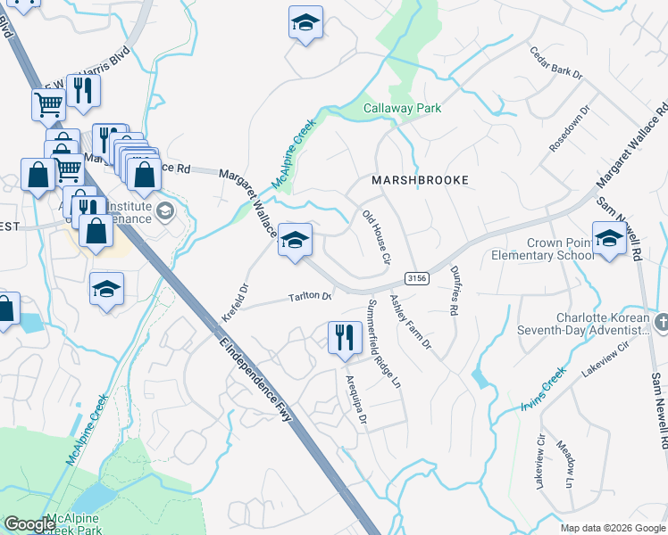 map of restaurants, bars, coffee shops, grocery stores, and more near 3209 Old House Circle in Matthews