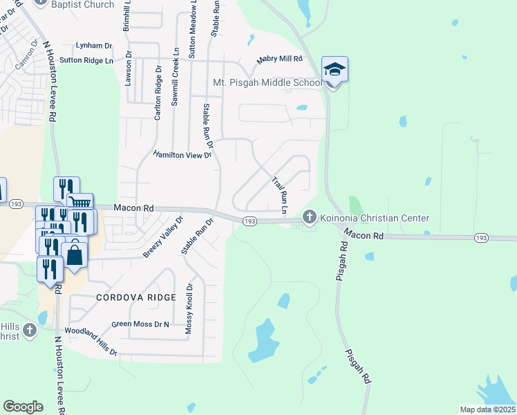 map of restaurants, bars, coffee shops, grocery stores, and more near 10428 Valley Run Lane in Shelby County