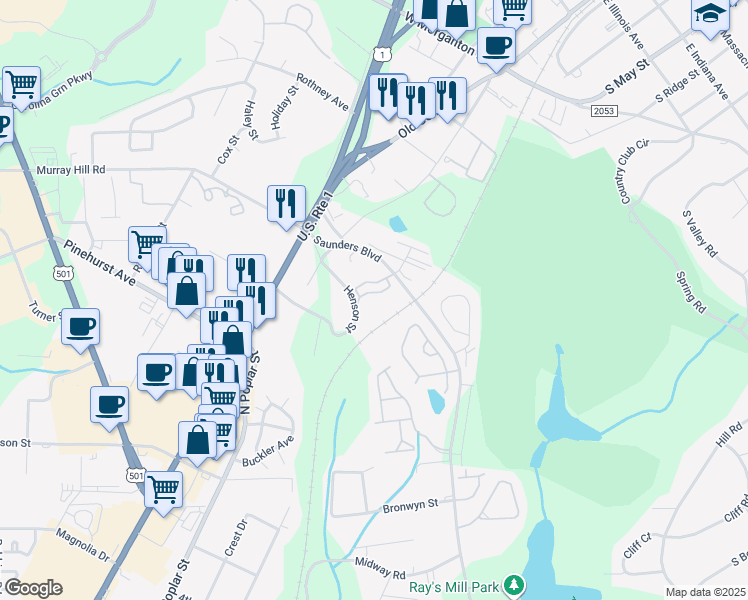map of restaurants, bars, coffee shops, grocery stores, and more near 203 Austin Ridge Circle in Southern Pines