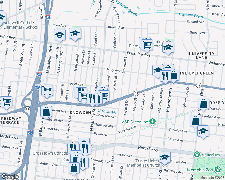 map of restaurants, bars, coffee shops, grocery stores, and more near 775 North McNeil Street in Memphis