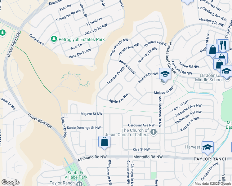 map of restaurants, bars, coffee shops, grocery stores, and more near 6715 Seville Place Northwest in Albuquerque