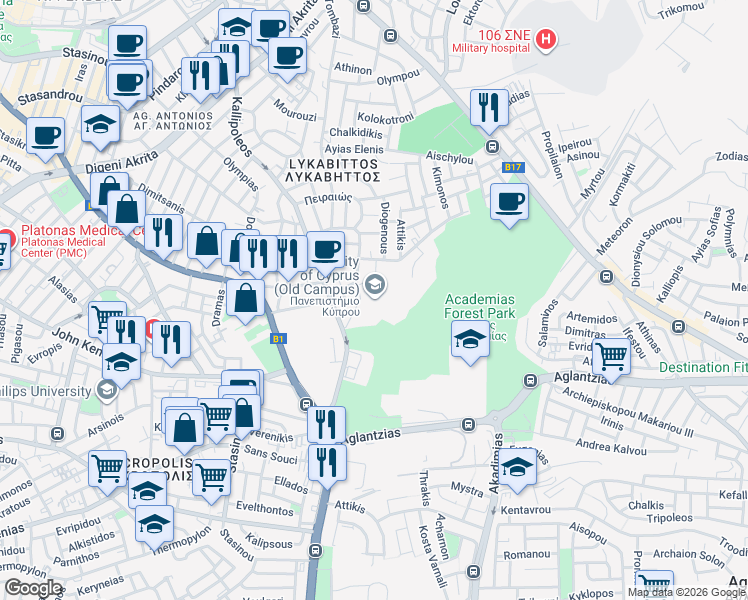 map of restaurants, bars, coffee shops, grocery stores, and more near 75 Kallipoleos in Nicosia