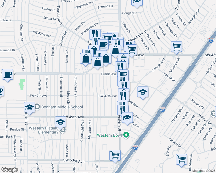 map of restaurants, bars, coffee shops, grocery stores, and more near 4615 Cherokee Trail in Amarillo