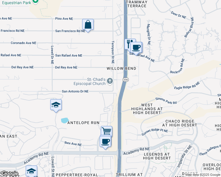 map of restaurants, bars, coffee shops, grocery stores, and more near 7171 Tennyson Street Northeast in Albuquerque