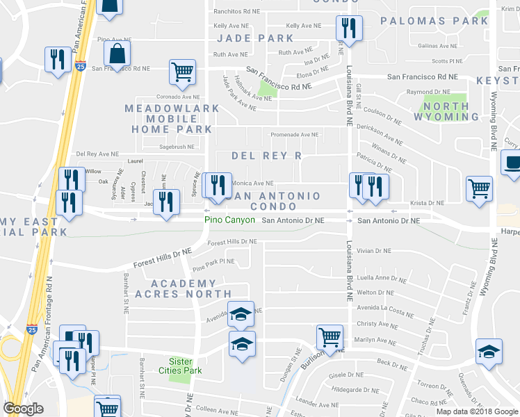 map of restaurants, bars, coffee shops, grocery stores, and more near 6501 San Antonio Drive Northeast in Albuquerque