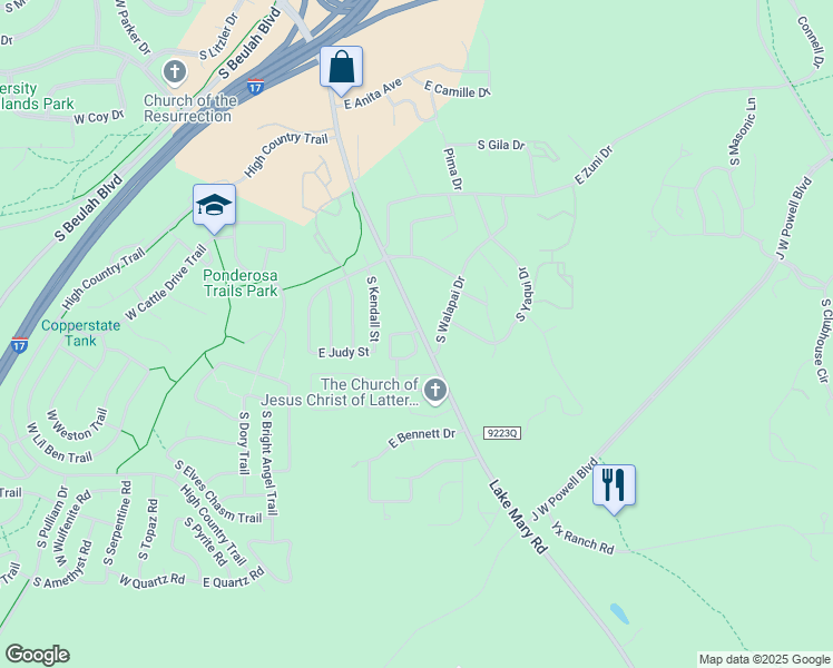 map of restaurants, bars, coffee shops, grocery stores, and more near 4025 South Lake Mary Road in Flagstaff