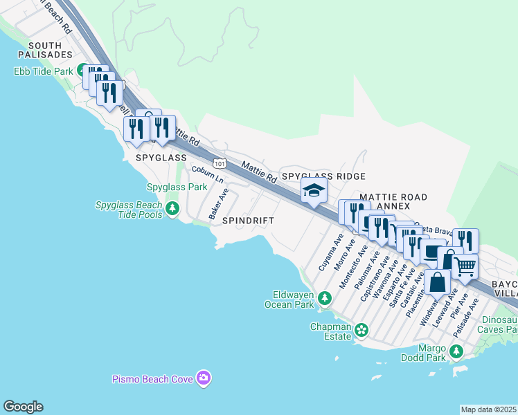 map of restaurants, bars, coffee shops, grocery stores, and more near 2251 Shell Beach Road in Pismo Beach