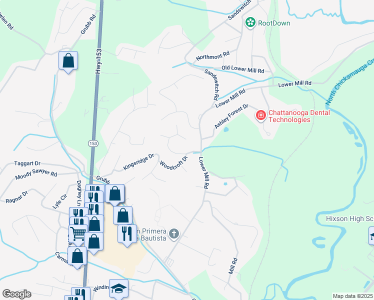 map of restaurants, bars, coffee shops, grocery stores, and more near 6208 Bramblewood Dr in Hixson