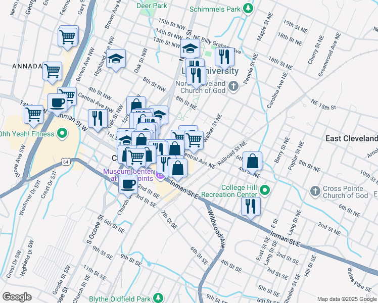 map of restaurants, bars, coffee shops, grocery stores, and more near 301 Central Avenue Northeast in Cleveland