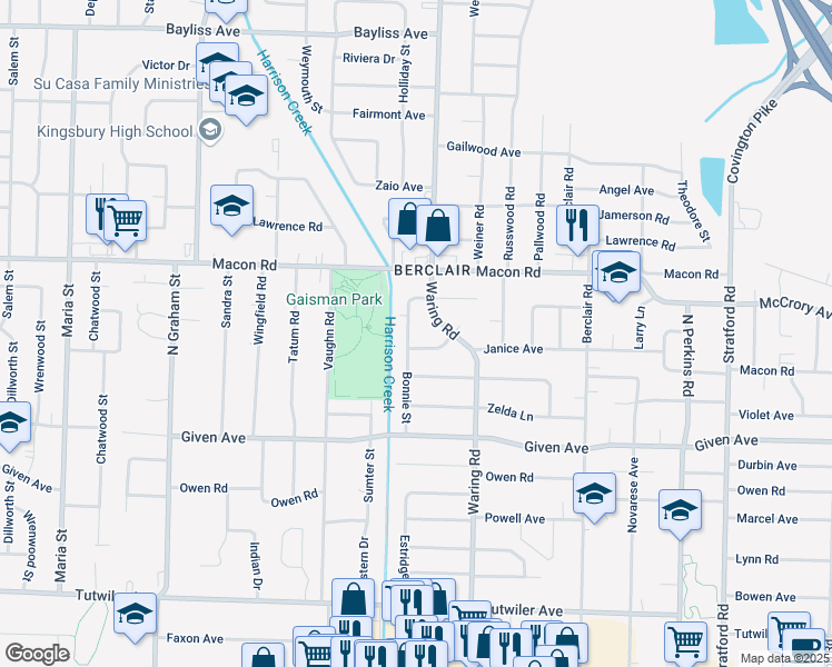 map of restaurants, bars, coffee shops, grocery stores, and more near 4296 Elaine Avenue in Memphis