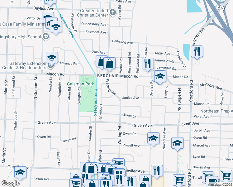 map of restaurants, bars, coffee shops, grocery stores, and more near 1044 Waring Road in Memphis