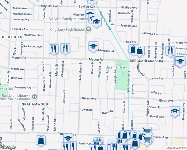 map of restaurants, bars, coffee shops, grocery stores, and more near 1044 Sandra Street in Memphis