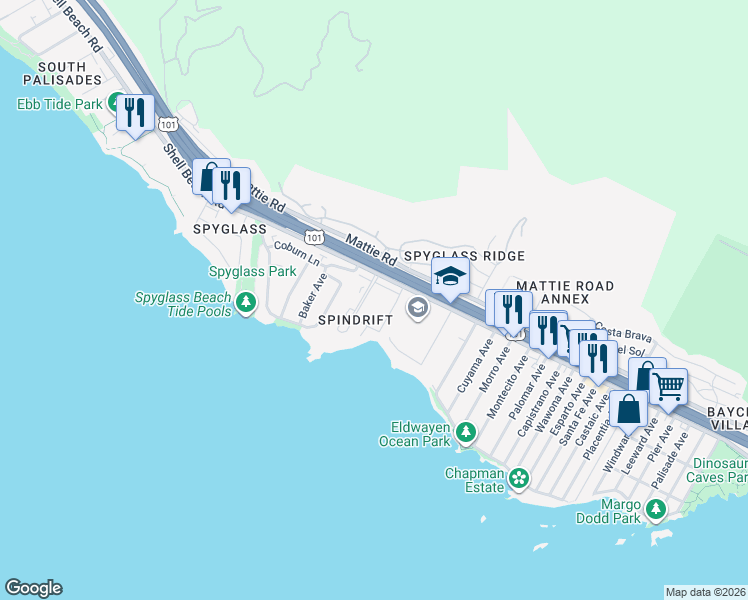 map of restaurants, bars, coffee shops, grocery stores, and more near 2251 Shell Beach Road in Pismo Beach