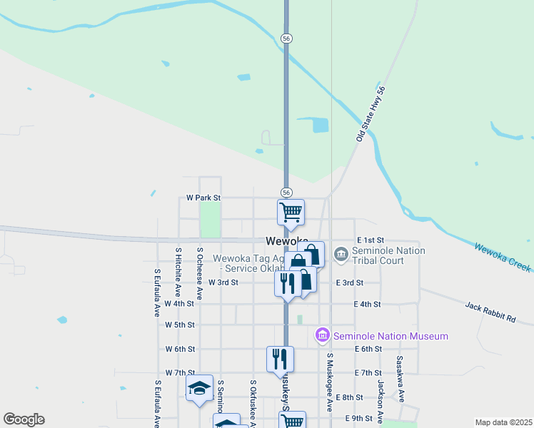 map of restaurants, bars, coffee shops, grocery stores, and more near 200 North Okfuskee Avenue in Wewoka