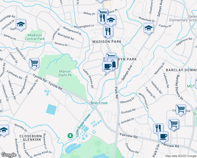 map of restaurants, bars, coffee shops, grocery stores, and more near 5146 Buckingham Drive in Charlotte