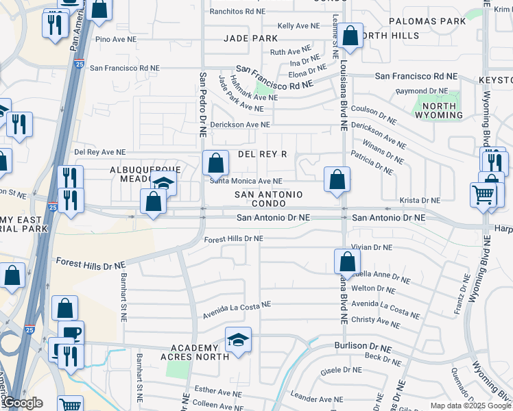 map of restaurants, bars, coffee shops, grocery stores, and more near 6501 San Antonio Drive Northeast in Albuquerque