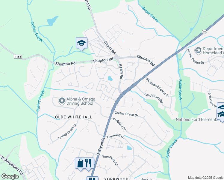 map of restaurants, bars, coffee shops, grocery stores, and more near 2317 Madeline Meadow Drive in Charlotte