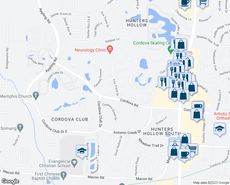 map of restaurants, bars, coffee shops, grocery stores, and more near 1261 Fox Trace Drive in Memphis