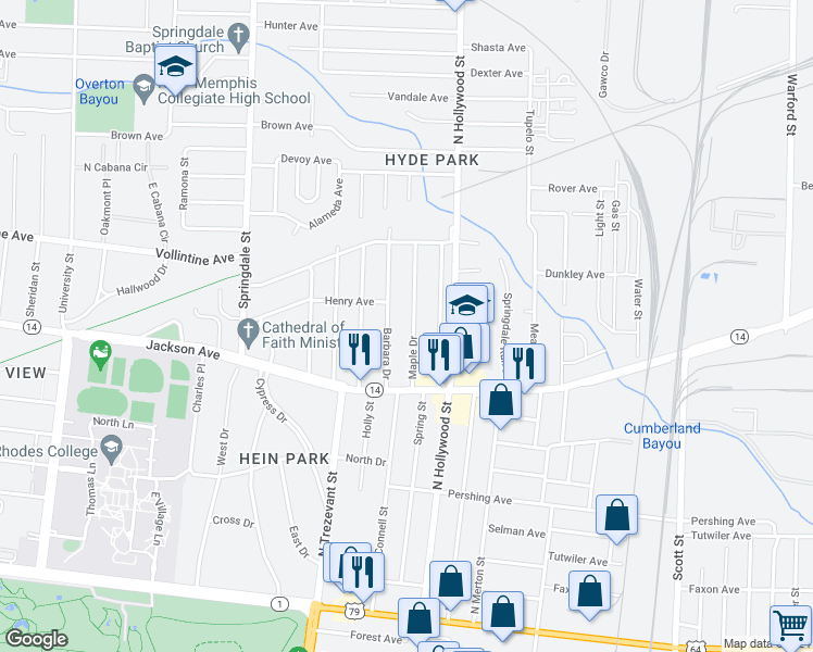 map of restaurants, bars, coffee shops, grocery stores, and more near 891 Maple Drive in Memphis