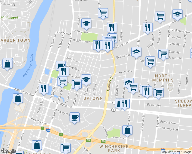 map of restaurants, bars, coffee shops, grocery stores, and more near 639 N 7th St in Memphis