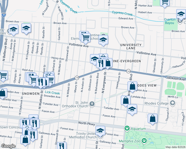 map of restaurants, bars, coffee shops, grocery stores, and more near 1649 Jackson Ave in Memphis