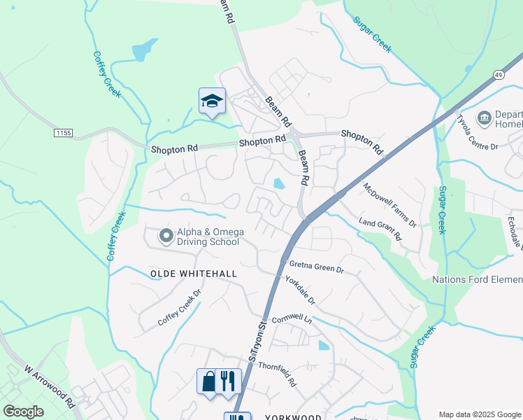 map of restaurants, bars, coffee shops, grocery stores, and more near 7345 Adare Mews Road in Charlotte